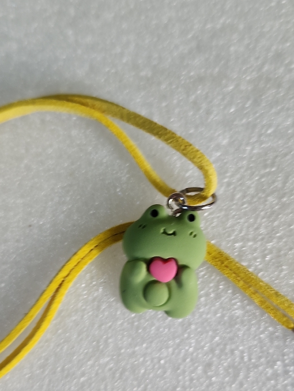 Hand Crafted Yellow Cord Necklace with Green Frog Pendant and Pink Heart